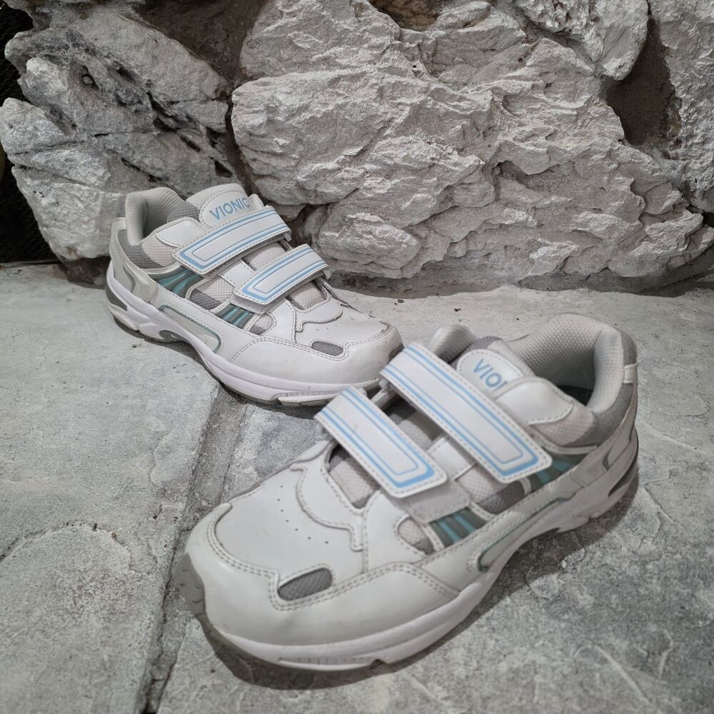 Vionic Women's Tabi Walking Shoes White Teal Size 8.5 Comfort Cushioned Straps